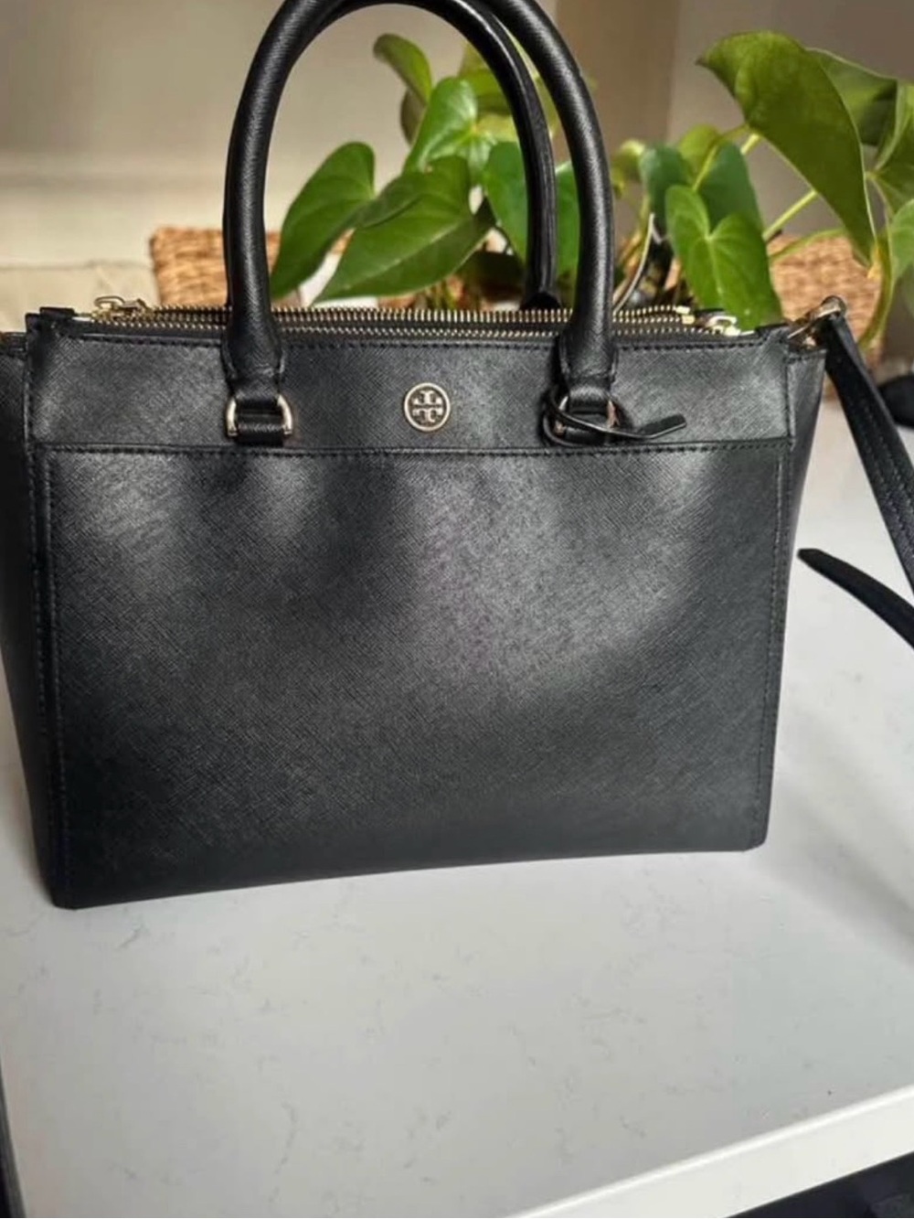 Tory Burch Black Leather Top-Handle Satchel with Gold Logo